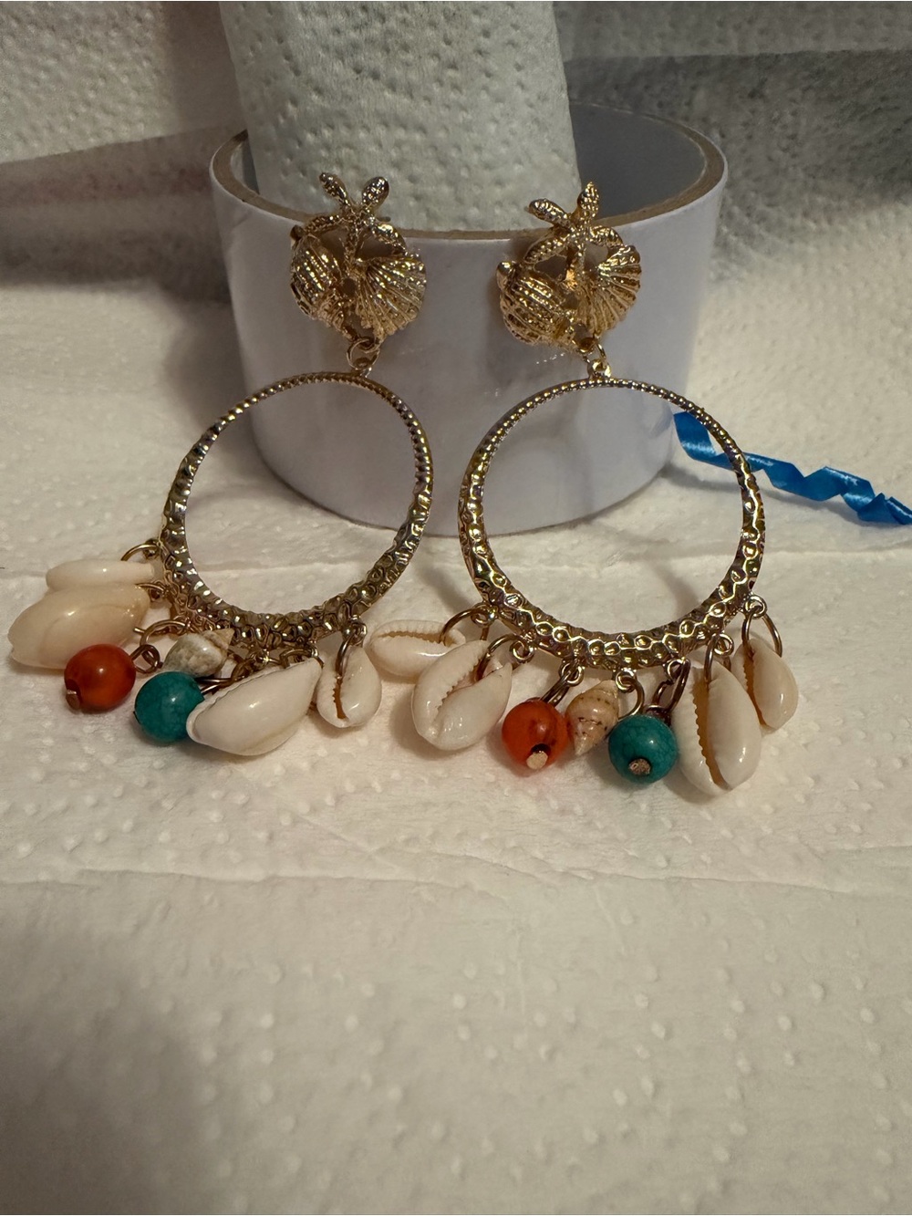 Gold Hoop Shell & Bead Dangle Earrings -Multicolor Bohemian Beach Vacay NEW NWT